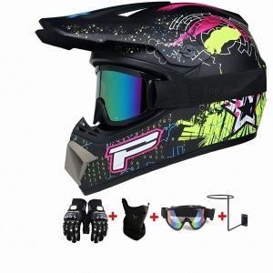 Rebel MX Cross Helmet Set with Gloves, Goggles, Balaclava and Wall Mount for Motorcycles, Enduro, ATV, Bicycle - Flytec™