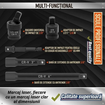 Tubulare impact 3/8 crom vanadiu cu clichet extensii si adaptor DenisNetwork