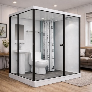 Toaletă modulară DenisNetwork montată în container locuit, cabină baie prefabricată cu WC, chiuvetă și duș