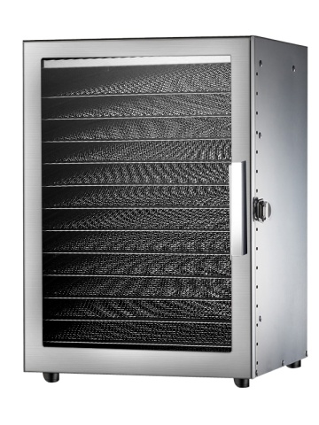 Deshidrator profesional pentru fructe si legume cu putere de 800W, temperatura reglabila intre 20 si 90°C si timer de pana la 24 de ore. Constructia robusta din inox si cele 12 tavi permit procesarea unor cantitati mari de alimente.