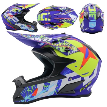 Cască cross și ATV Neon Fury albastră cu galben - mai multe unghiuri - Flytec™