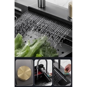 Chiuvetă bucătărie smart multifuncțională (5 funcții) - AQUA 2, inox gri antracit, 80 x 46 cm, baterie principală, cascadă, baterie filtru apă, dozator detergent, spălător pahare, 2 tăvite uscare + tocător - Img 5