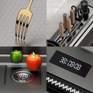 Chiuvetă Bucătărie Smart Multifuncțională (6 funcții) - AQUA 3, Inox gri Antracit, 80 x 46 cm, cu display digital, cascadă, baterie filtru apă, dozator detergent, spălător pahare, suport cuțite, 2 tăvițe uscare + tocător - Img 5