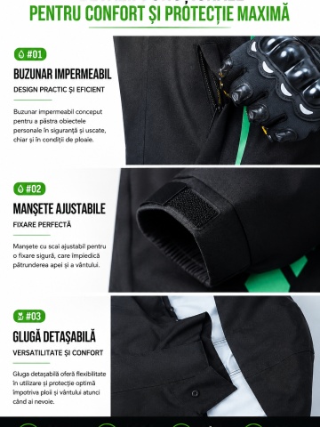 Costum Ploaie Moto Impermeabil Premium - Set Geacă și Pantaloni pentru Motocicletă, Anti-Vânt, Cusături Etanșate, Glugă Detașabilă și Buzunare Impermeabile - Img 4