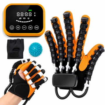 Unitatea de control cu afișaj, mănușa de control, bila de masaj cu țepi și mănușa robotică montată pe mână