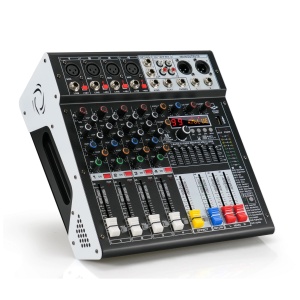 Consolă mixaj audio profesională DenisNetwork Tonsil MP-4 cu 4 canale, egalizator 7 benzi și intrări XLR pentru microfoane – mixer DJ karaoke