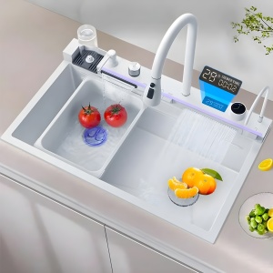 Chiuvetă Bucătărie Smart Multifuncțională Albă Inox (6 funcții) - AQUA 3 - 80 x 46 cm, cu display digital, 2 cascade, baterie filtru apă, dozator detergent