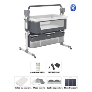 Pătuț electric pentru bebeluși, 5 trepte de legănare, Bluetooth, telecomandă, set cu plasă anti-insecte și spațiu de depozitare - Dr.Denis™ - Img 3