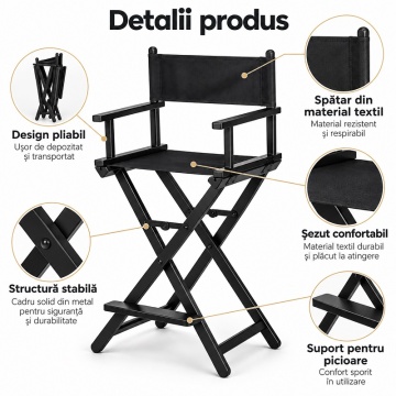 Scaun Make-Up Profesional, Pliabil din Aluminiu, Tip Regizor, cu Suport Picioare - Img 6