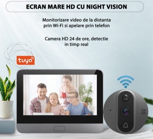 Sonerie video inteligenta WiFi cu unitate interioara LCD, acumulator, compatibila Tuya - Img 5