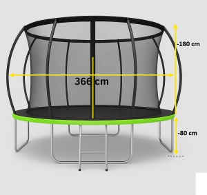 Батут за деца и възрастни – 360° предпазна мрежа, извити стълбове, черно/зелен цвят, поцинкована рамка, неплъзгаща се стълба, максимално натоварване 300 кг - Img 4