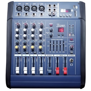 Професионален аудио миксер с усилвател, мощност 2x250 W, 4 канала, 16 ефекта, 5-лентов еквалайзер, Bluetooth, USB/MP3 и звукова карта