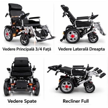 Scaun electric pliabil cu suspensie dublă, autonomie mare, roți mari 12 inch și recliner full, fotoliu rulant electric profesional pentru exterior și interior.