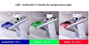 Baterie lavoar/Robinet bazin cu senzor LED cu 3 culori încorporat, tip cascadă luminată, cu montare pe chiuvetă aspect modern din alamă - Img 5