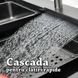Chiuvetă bucătărie smart multifuncțională (5 funcții) - AQUA 2, inox gri antracit, 80 x 46 cm, baterie principală, cascadă, baterie filtru apă, dozator detergent, spălător pahare, 2 tăvite uscare + tocător - Img 6