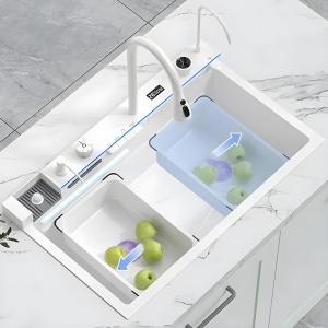 Chiuvetă Bucătărie Smart Multifuncțională Albă Inox (6 funcții) - AQUA 3 - 80 x 46 cm, cu display digital, 2 cascade, baterie filtru apă, dozator detergent - Img 1