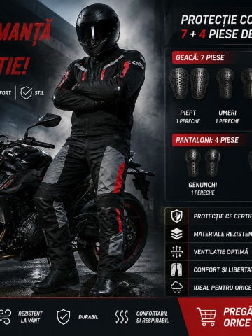Costum moto negru-roșu purtat de motociclist, protecții detaliate