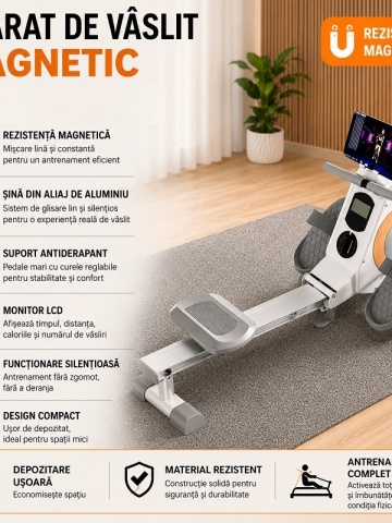 Foldable Magnetic Rowing Machine, 8 Resistance Levels, Dedicated App, Tablet Holder, Aluminum Rail - Img 5