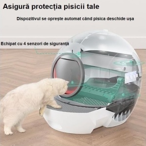 Litieră mare SMART cu sistem de curățare automată UV pentru pisici cu control din aplicație mobilă, senzor siguranță