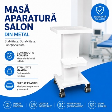 Cărucior metalic alb pentru aparatură, prezentat într-un salon