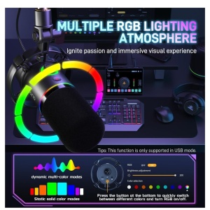 Microfon Dinamic de Broadcast/Podcast cu Lumină RGB, Cardioid, XLR/USB – Ideal pentru Gaming