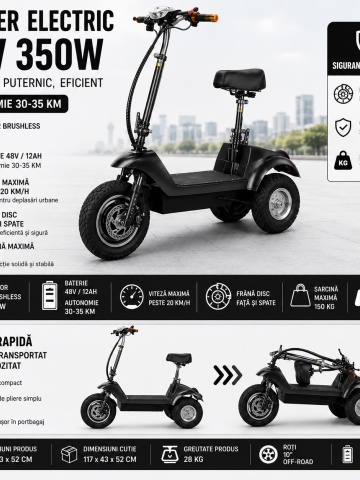 Motocicletă / Trotinetă 36V-500W 10Ah cu șezut reglabil, Scuter electric, Închidere la cheie (Copy 1) - Img 2