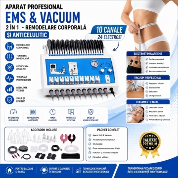 Infografic al aparatului EMS și vacuum cu accesorii pentru tratamente corporale