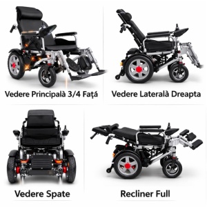 Scaun electric pliabil cu suspensie dublă, autonomie mare, roți mari 12 inch și recliner full, fotoliu rulant electric profesional pentru exterior și interior.