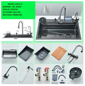 Pachet lavoar - chiuvetă multifuncțională 80x46 cm inox gri cu cascadă apă AlpinCool DenisNetwork