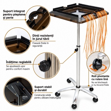 Tavă Profesională Coafor cu Roți, Reglabilă 75–112 cm, Suport Ucenic Extensii Păr - Img 6