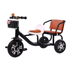 Tricicleta Dubla cu Pedale pentru Copii 2-7 Ani, Tricicleta Tandem cu Scaun Fata Reglabil si Scaun Pentru Pasager Captusite, Suport pentru picioare, Cadru Tricicleta din Otel, cu Clopot si Cos, Negru - Img 1
