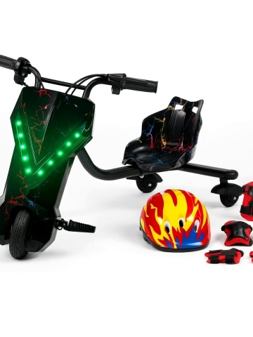 Tricicletă electrică drift neagră pentru copii cu LED-uri verzi și cască protecție cadou - Flytec™