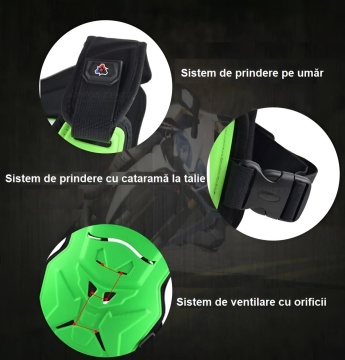 Armură moto verde, detalii de prindere, cataramă și orificii de ventilație