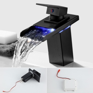 Baterie lavoar/Robinet bazin cu senzor LED cu 3 culori încorporat, tip cascadă luminată, cu montare pe chiuvetă aspect modern din alamă - Img 4