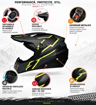 Caracteristicile căștii Adrenaline MX Neon: căptușeală detașabilă și lavabilă, vizieră reglabilă, cataramă metalică, ventilație multiplă și carcasă ABS + PA-70B