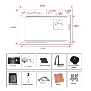 Chiuvetă bucătărie smart multifuncțională (3 funcții) - AQUA 4, inox gri antracit, 80 x 46 cm, baterie principală, dozator detergent, spălător pahare, tăviță de uscare + tocător - Img 7
