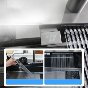 Chiuvetă Bucătărie Smart Multifuncțională (6 funcții) - AQUA 3, Inox gri Antracit, 80 x 46 cm, cu display digital, cascadă, baterie filtru apă, dozator detergent, spălător pahare, suport cuțite, 2 tăvițe uscare + tocător - Img 7