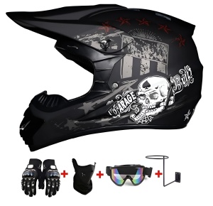 Dark Skull Cross Helmet Set with Gloves, Goggles, Balaclava and Wall Mount for Motorcycles, Dirt Bike, Enduro, Atv, Size S, M, L, XL - Flytec™