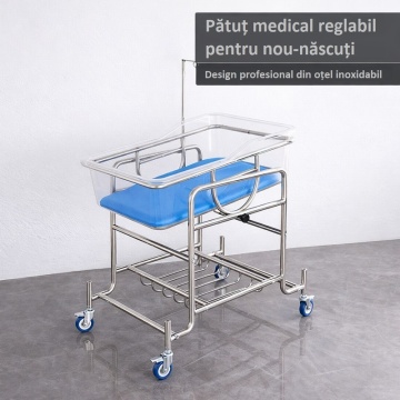 Pătuț medical reglabil din inox, cu saltea albastră și roți cu frână