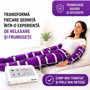 Persoană așezată purtând manșoane mov pentru brațe, abdomen și picioare