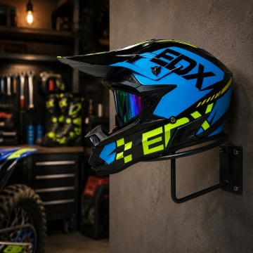 Cască cross și ATV Vortex albastră cu ochelari, pe suportul de perete inclus