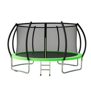 Trampoline for Children and Adults – 360° Safety Net, Curved Posts, Black/Green Color, Galvanized Frame, Non-Slip Ladder, Max. Load 300 Kg
