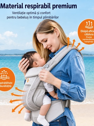 Materialul respirabil premium asigura o ventilatie optima si ajuta la disiparea eficienta a caldurii, oferind confort sporit bebelusului in timpul plimbarilor. Structura speciala a tesaturii contribuie la reducerea transpiratiei si mentine o temperatura p