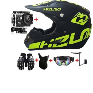 Set Cască Cross Negru/Verde Neon cu Mănuși, Ochelari, Cagulă și Suport de Perete pentru Motociclete, Enduro, Atv, Bicicletă - Flytec™
