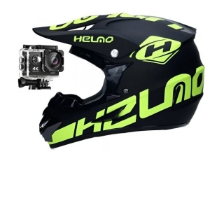 Cască moto cross și ATV negru-verde neon cu cameră video sport alături