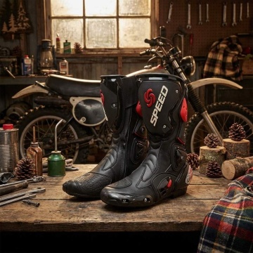 Ghete moto enduro negre expuse în atelier lângă motocicletă