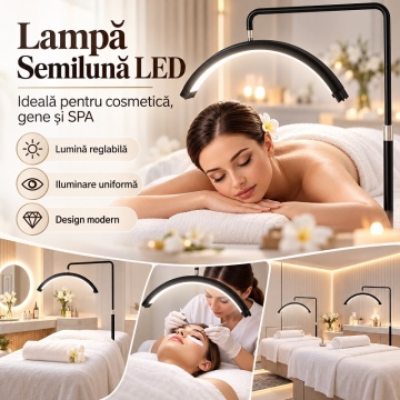 Lampă Semilună LED Profesională MoonLight 60 cm, 40W, Lumină Reglabilă, Telecomandă și Suport Telefon – Manichiură, Gene, Cosmetică - Img 8
