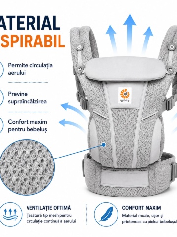 Marsupiu ergonomic ajustabil pentru bebelusi 6-48 luni, cu sustinere optima pentru solduri si coloana, conceput pentru confortul parintelui si al copilului.