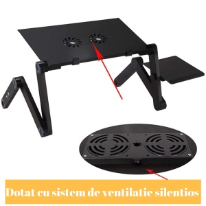 Măsuță laptop regabilă pe înălțime din aluminiu, masă cu sistem dublu ventilație tip cooler, USB, suport reglabil mouse, standing desk multifuncțional - Img 3