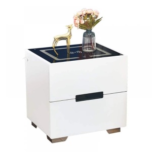Noptieră smart multifuncțională - Ingrid 2 sertare sticlă albă securizată, încărcare wireless, USB, iluminare LED-uri cu Touch temperatură reglabilă - Img 8